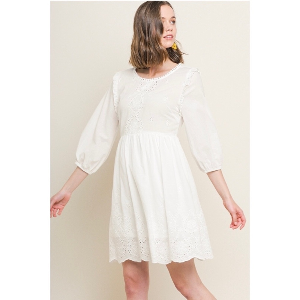 Umgee Dress White Eyelet Cottagecore Puff Sleeve Boho Hippie Womens NEW
